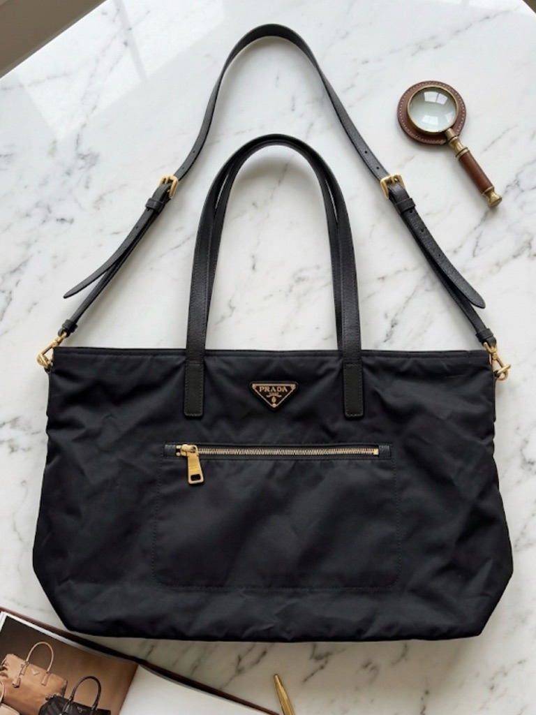 Prada Black Nylon Tessuto Tote With Gold Hardware And Top Handles